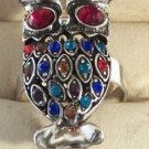 Red Blue Green Crystals in Silver Owl Ring