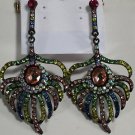 Japanned Pink Blue Aurora Borealis Crystal Peacock Feather Earrings
