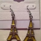 Silver Plated Yellow Enamel Clear Crystal Eiffel Tower Pierced Earrings
