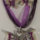 Purple White Enamel Butterfly Heart Necklace Earrings