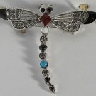 Dragonfly Pin Brooch Necklace Onyx Turquoise Carnelian Color Silver Plate