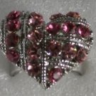 Elegant Pink Crystal Silver Heart Ring