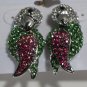 Silver Plate Pierced Pink Green Clear Crystal Parrot Pierced Earrings