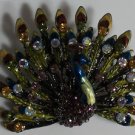 Unusual Enamel Topaz Purple and Aurora Borealis Crystal Peacock Pin Brooch