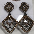 2"  Topaz Pave Crystal Mourning Japanned Filigree Pierced Earrings