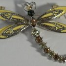 Elegant Yellow Enamel & Crystal Dragonfly Pin Brooch Silver Heart Antenna