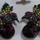 Japanned Black Enameled Purple Green Yellow Crystal Hummingbird Pierced Earrings
