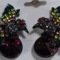 Japanned Black Enameled Purple Green Yellow Crystal Hummingbird Pierced Earrings