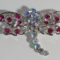 Elegant Pink & Aurora Borealis Crystal Silver Dragonfly Pin Brooch