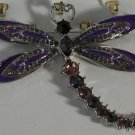 Elegant Purple Enamel & Crystal Dragonfly Pin Brooch Silver Heart Antenna