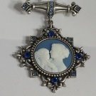 Light Blue Cameo Mother Child Blue Crystals in Silver Plated Pin Brooch