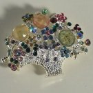 Unusual Green Yellow Orange Pink Silver Plate Flower Basket Pin Brooch