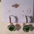 Green and Clear Crystal Pronged Heart Hinged Snap Back Closure Pierced Earrings
