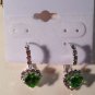 Green and Clear Crystal Pronged Heart Hinged Snap Back Closure Pierced Earrings