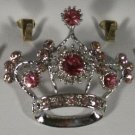 Elegant Pink & Clear Crystal Crown Pin Brooch