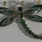 Elegant Green Enamel & Crystal Dragonfly Pin Brooch Silver Heart Antenna