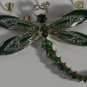 Elegant Green Enamel & Crystal Dragonfly Pin Brooch Silver Heart Antenna