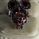 Red Pink Blue Orange Crystals in Silver Plate Owl Ring