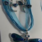 Blue Enamel Aurora Borealis Crystal Silver Plate Dragonfly Necklace Earrings