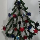 Christmas Tree Pin Brooch Green Enamel Red Stars Silver Moon Blue AB Crystal