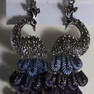 Hematite Crystal Blue Purple Enamel Silver Plated Pierced Peacock Earrings
