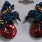 Japanned Black Enameled Pink Blue Yellow Crystal Hummingbird Pierced Earrings