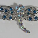 Elegant Blue & Aurora Borealis Crystal Silver Dragonfly Pin Brooch