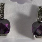 Marcasite & Amethyst in Sterling Silver Pierced Earrings Marked 925