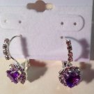 Purple and Clear Crystal Pronged Heart Hinged Snap Back Closure Pierced Earrings