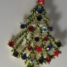 Christmas Tree Pin Brooch Green Enamel Red Stars Gold Moon Blue AB Crystal
