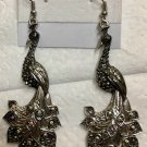 Silver plated with Hematite crystals ornate peacock Pierced Earrings 3”