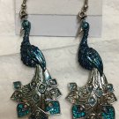 Silver plated with Blue crystals and enamel ornate peacock Pierced Earrings 3”