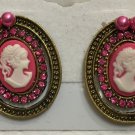 Gold plated with Pink crystals Cameo Pierced Earrings 1 1/8” by 1”