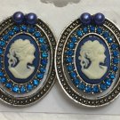 Silver plated with Blue crystals Cameo Pierced Earrings 1 1/8” by 1”