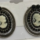 Silver plated with Black crystals Cameo Pierced Earrings 1 1/8” by 1”