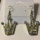Silver Square Baguette Round Crystal Aurora Borealis Crown Pierced Earrings 2”