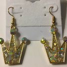 Gold Plated Square Baguette Round Crystal Aurora Borealis Crown Pierced Earrings