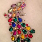 Unusual Multi Color Crystal Silver Plate Peacock Pin Brooch 3"