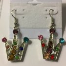 Silver Square Baguette Round Blue Pink Purple Crystal  Crown Pierced Earrings 2”