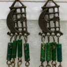 Moon and Star Filigree Gold Plated Pierced Earrings in Green or Red