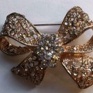 Vintage Gold Plated Clear Crystal Bow Pin Brooch 2" by 1 1/2"