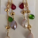 Gold Plated Real Pearl Green Red Topaz Crystal Pierced Earrings 2 1/2"