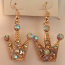 Gold Plated Aurora Borealis Crystal Crown Pierced Earrings 2"