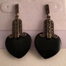 Art Deco Design Sterling Silver Marcasite Onyx Heart Pierced Earrings 1 5/8"