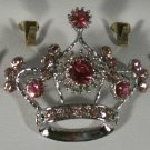 Elegant Pink & Clear Crystal Silver Plated Crown Pin Brooch