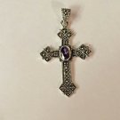 Sterling Silver Amethyst and Marcasite Cross Pendant 1 1/2"