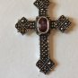 Sterling Silver Amethyst and Marcasite Cross Pendant 1 1/2"