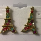 Gold plated with Red Pink Blue Purple Crystals Eiffel tower pierced earrings 1”