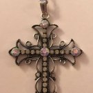 Aurora Borealis Crystal Silver Plate Cross Necklace 30" Silver Plate Chain