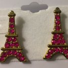 Gold plated with pave Magenta Pink Crystals Eiffel tower pierced earrings 1”
